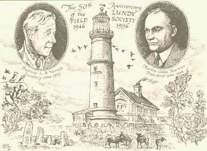 Postcard drawn by John Dyke in 1996 to celebrate 50 years of the LFS. Showing Leslie Harvey on the left, Martin Coles Harman on the right and the Old Light in the centre.